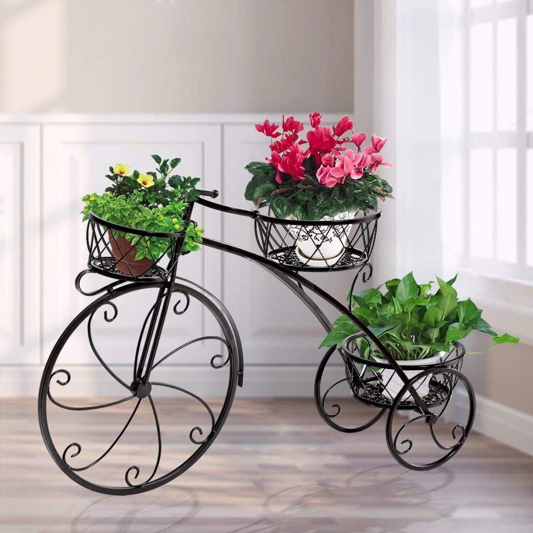 garden / agriculture Bicycle Shape Metal Plant Stand 3 Pots Flower Planter Corner Shelf Black