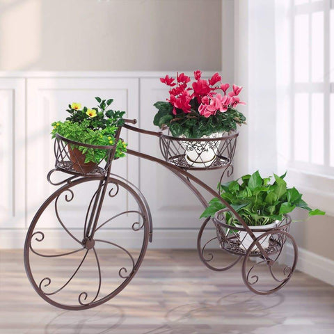 garden / agriculture Bicycle Shape Metal Plant Stand 3 Pots Flower Planter Corner Shelf Bronze