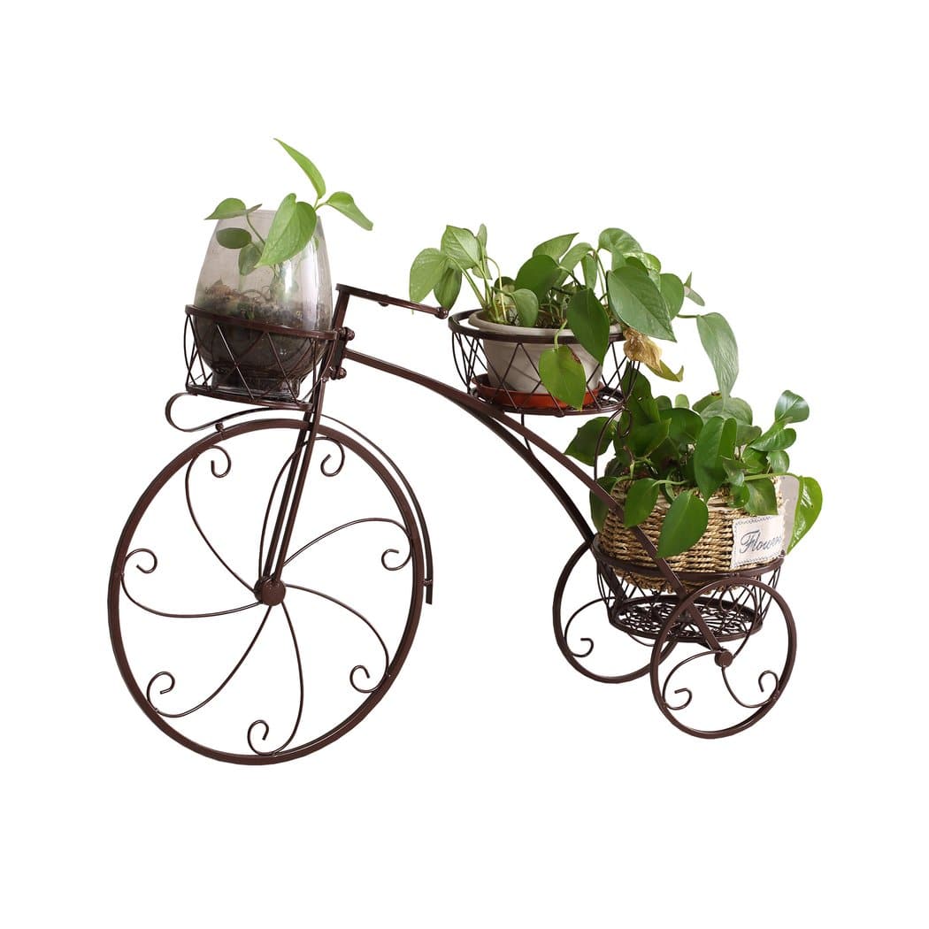 garden / agriculture Bicycle Shape Metal Plant Stand 3 Pots Flower Planter Corner Shelf Bronze