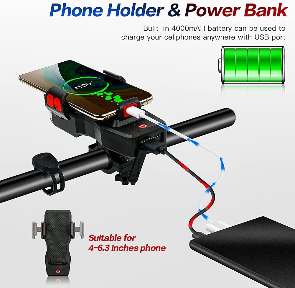Bike Led Light 550Lm Front And Back Usb Rechargeable With 4000Mah Power Bank And Ipx4 Waterproof