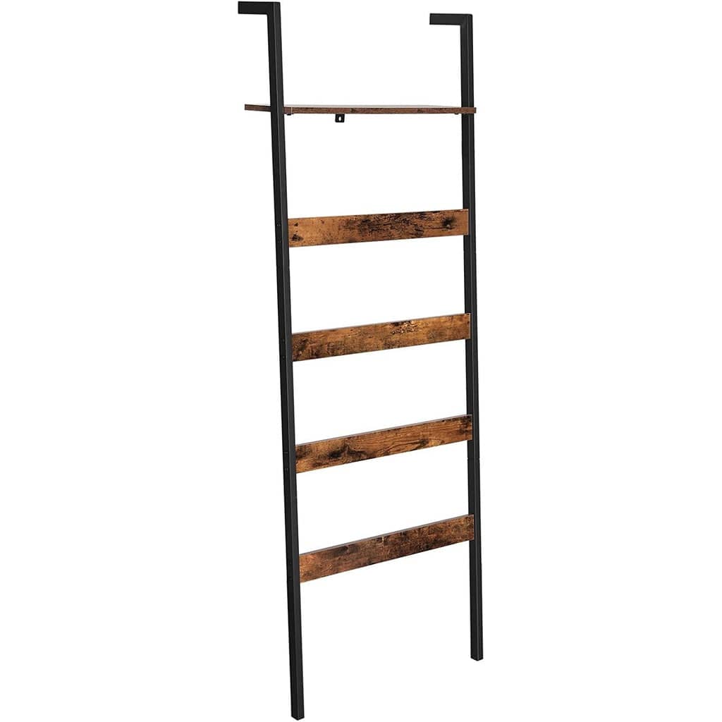 Blanket Ladder Wall-Leaning Rack with Storage Shelf Rustic Brown and Black