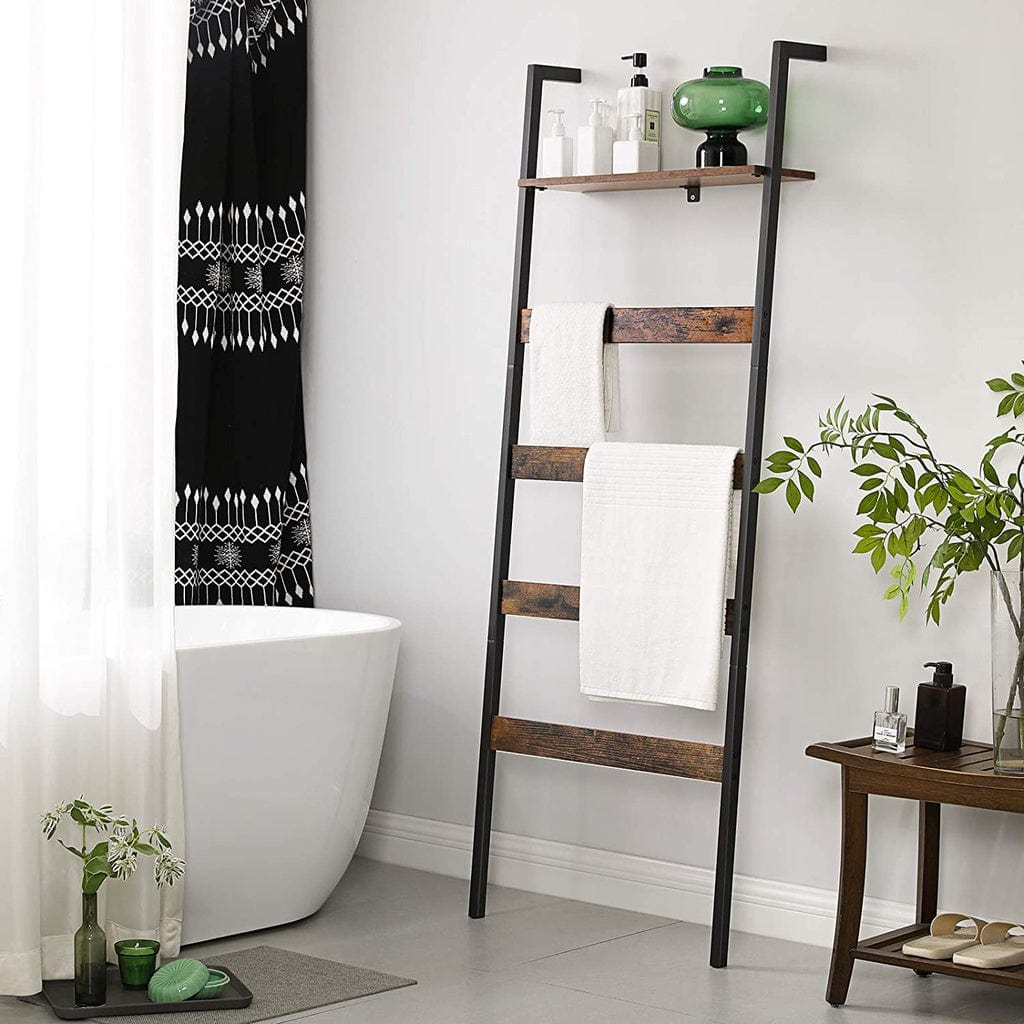 Blanket Ladder Wall-Leaning Rack with Storage Shelf Rustic Brown and Black