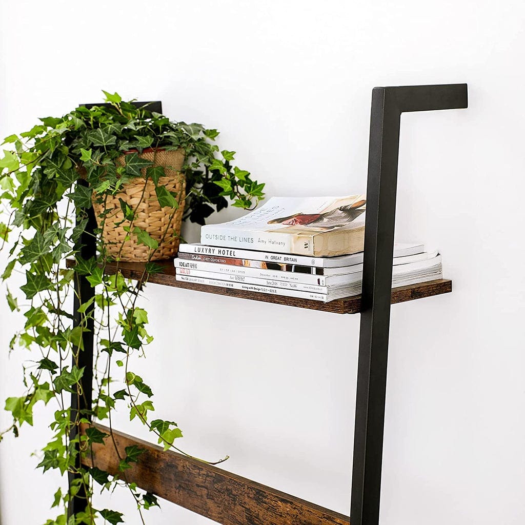 Blanket Ladder Wall-Leaning Rack with Storage Shelf Rustic Brown and Black