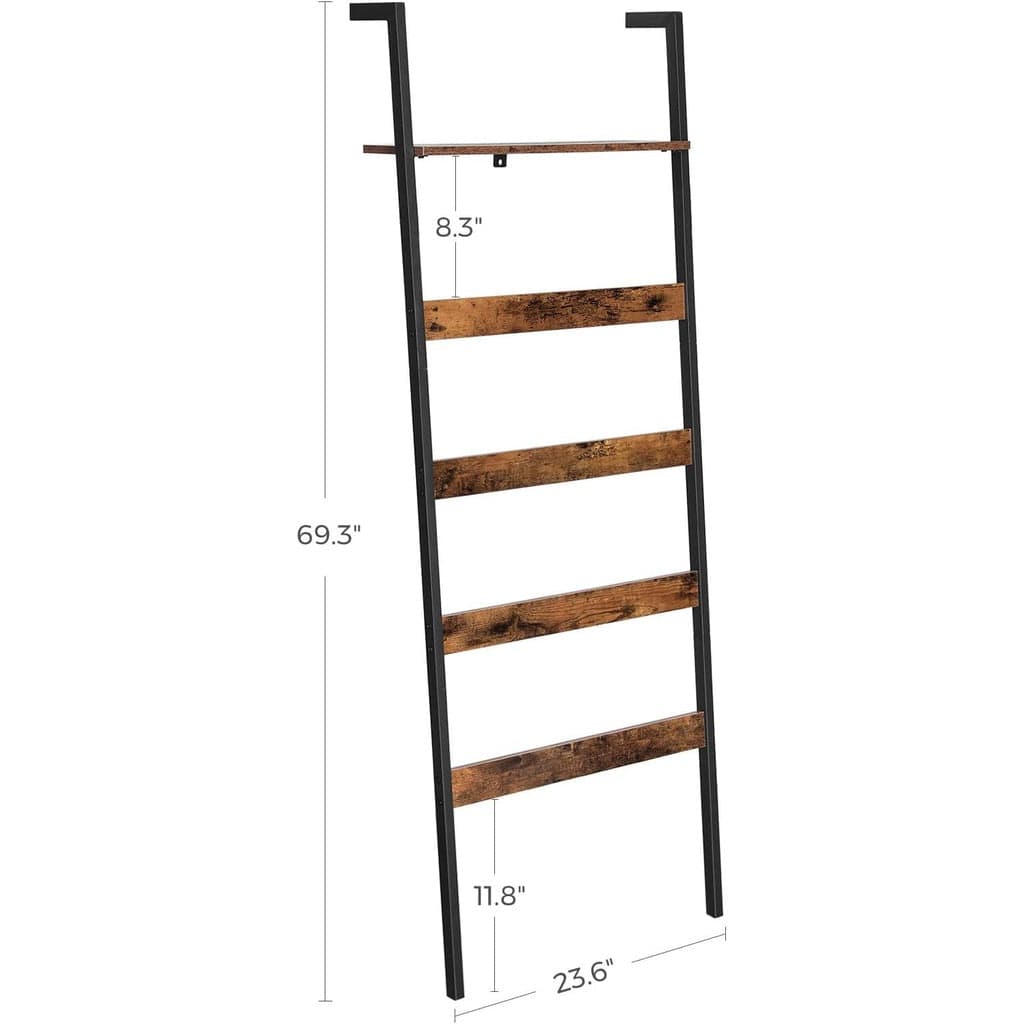 Blanket Ladder Wall-Leaning Rack with Storage Shelf Rustic Brown and Black