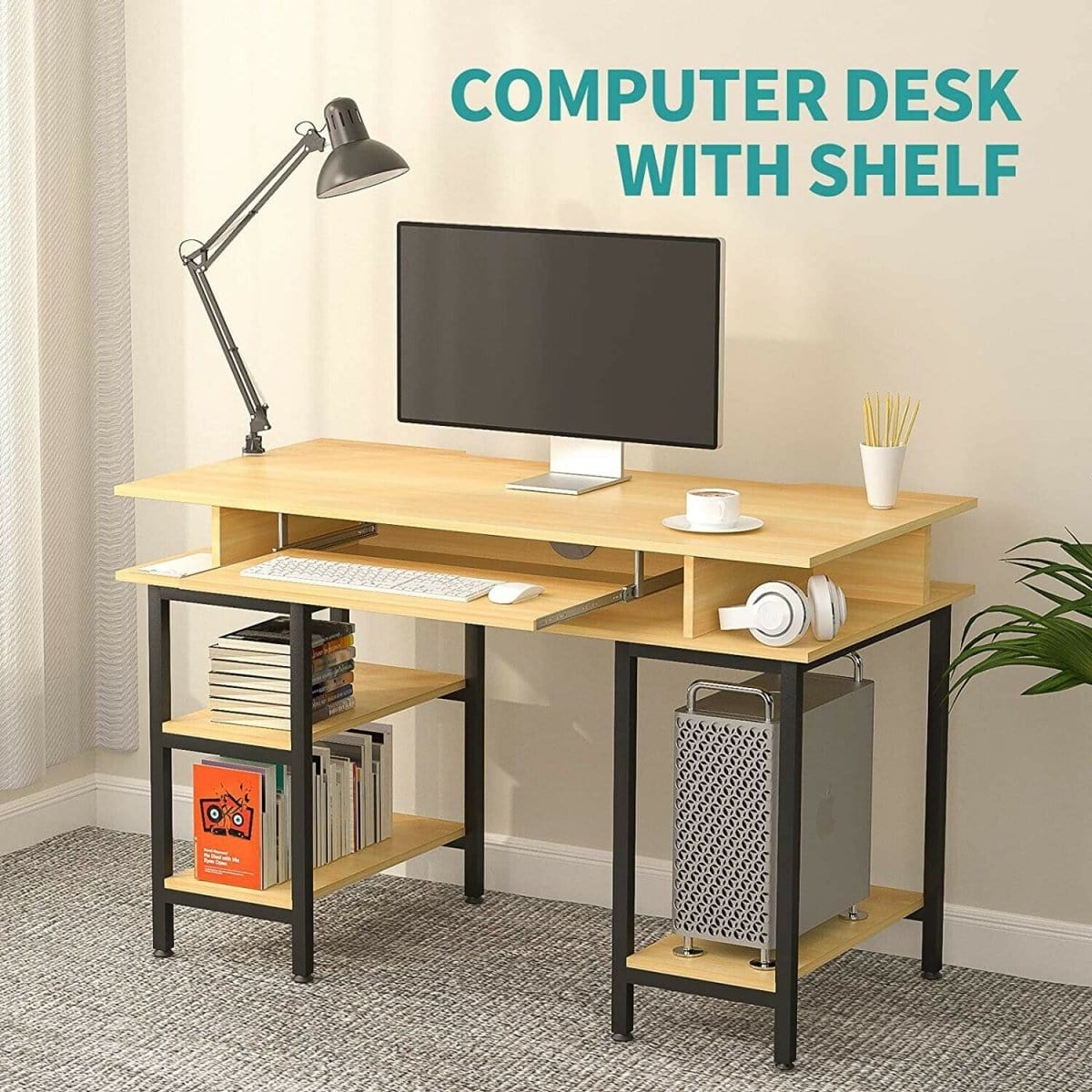 Book Storage Computer Table Desk Student Study Home Office Workstation With Bookshelf