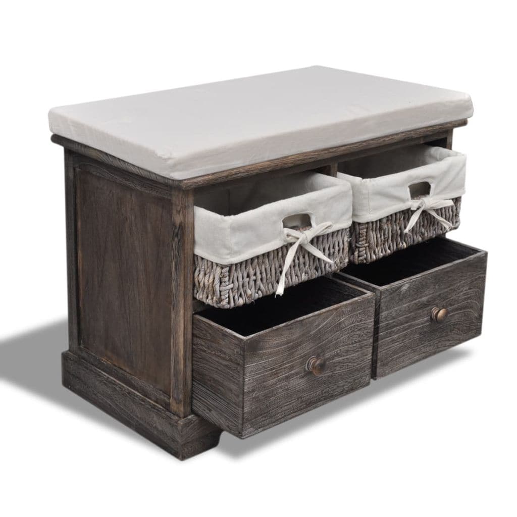 vidaxl40- Brown Wooden Storage Bench 2 Weaving Baskets 2 Drawers