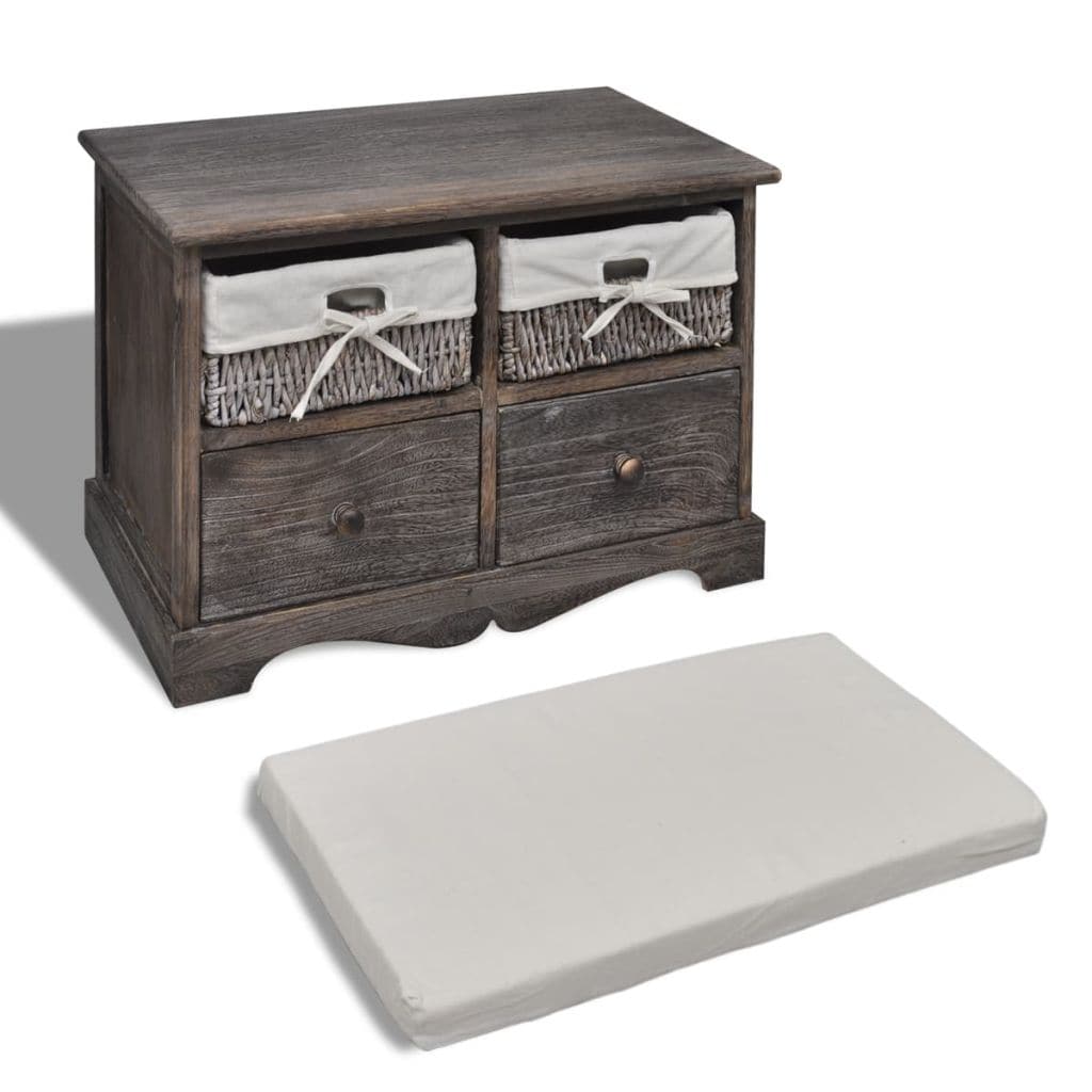 vidaxl40- Brown Wooden Storage Bench 2 Weaving Baskets 2 Drawers