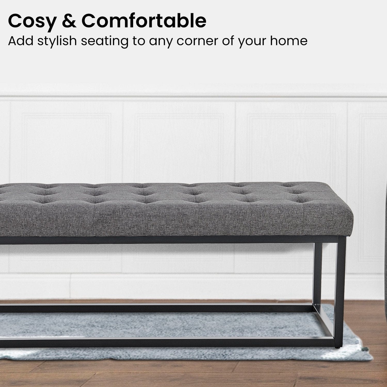 Cameron Button-Tufted Upholstered Bench with Metal Legs -Dark Grey