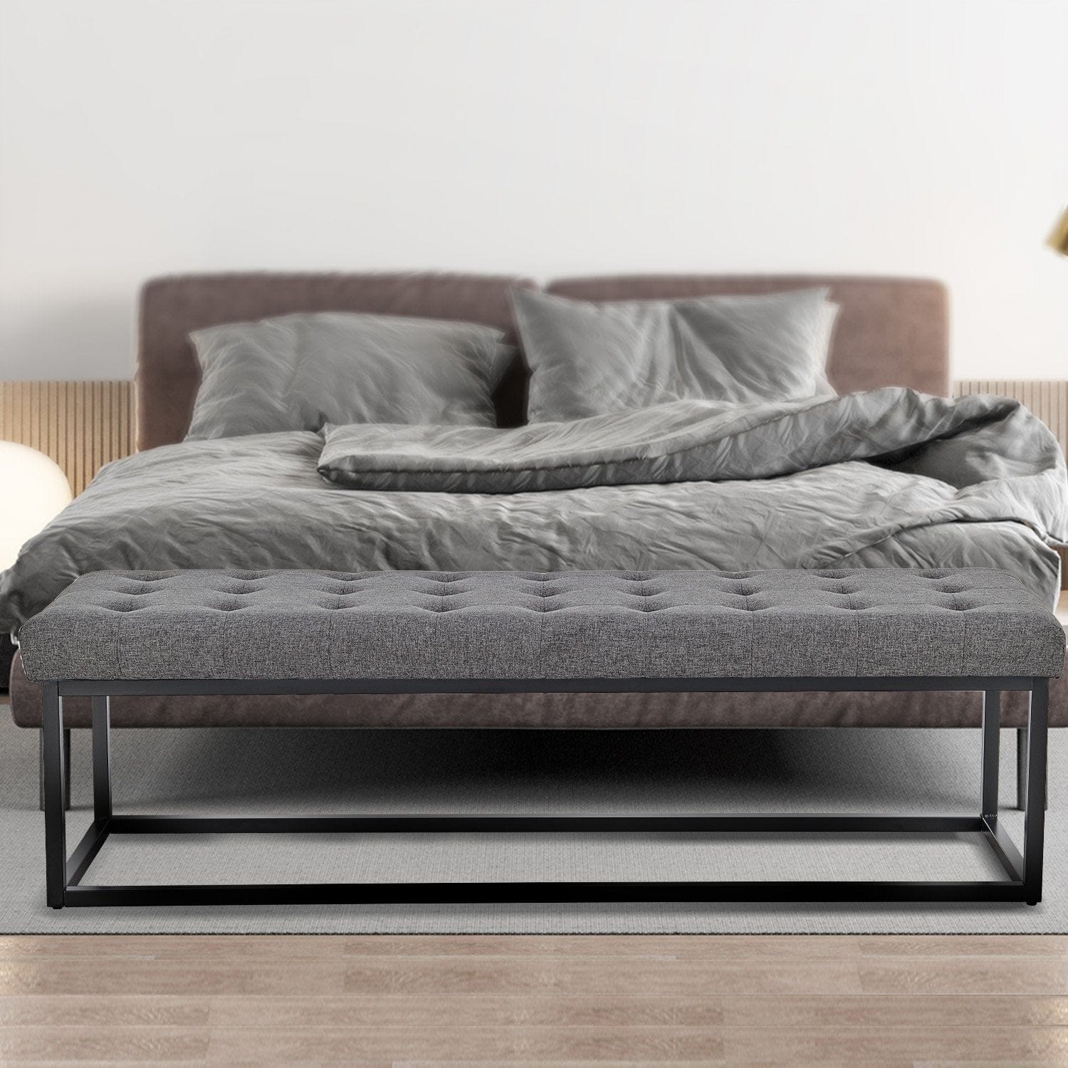 Cameron Button-Tufted Upholstered Bench with Metal Legs -Dark Grey