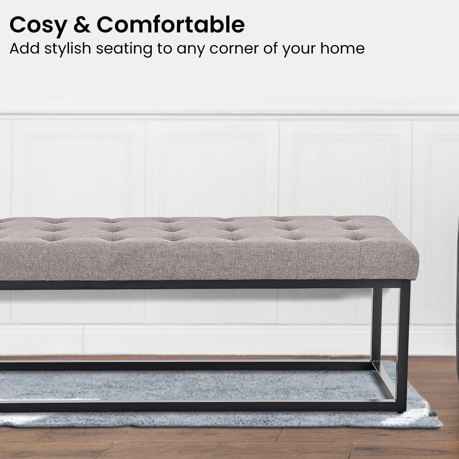 Cameron Button-Tufted Upholstered Bench with Metal Legs -Light Grey