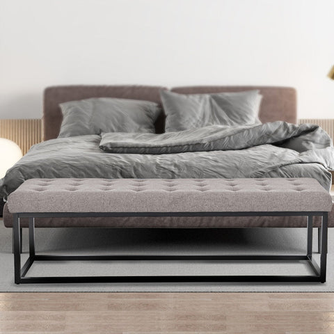 Cameron Button-Tufted Upholstered Bench with Metal Legs -Light Grey