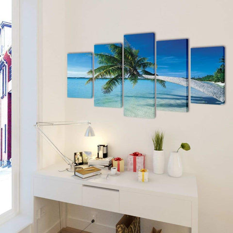 vidaxl20- Canvas Wall Print Set Sand Beach with Palm Tree 100 x 50 cm