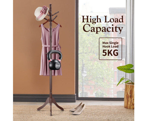 CARLA HOME Brown Coat Rack with Stand Wooden Hat and 12 Hooks Hanger