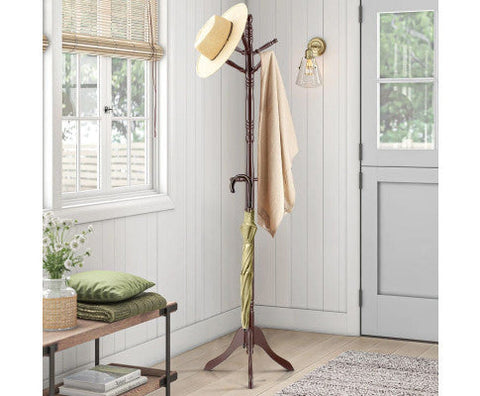 CARLA HOME Brown Coat Rack with Stand Wooden Hat and 12 Hooks Hanger