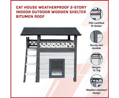 Cat House Weatherproof 2 Story Indoor Outdoor Wooden Bitumen Roof-Natural wood