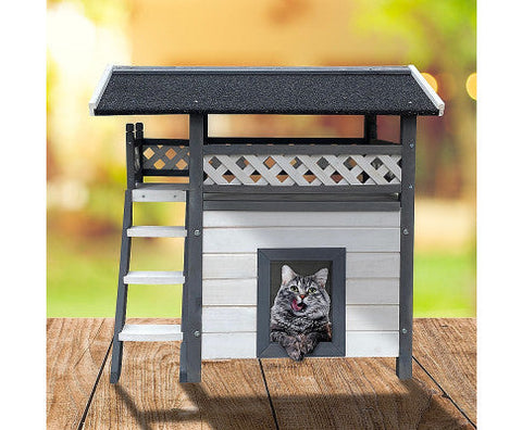 Cat House Weatherproof 2 Story Indoor Outdoor Wooden Bitumen Roof-Natural wood