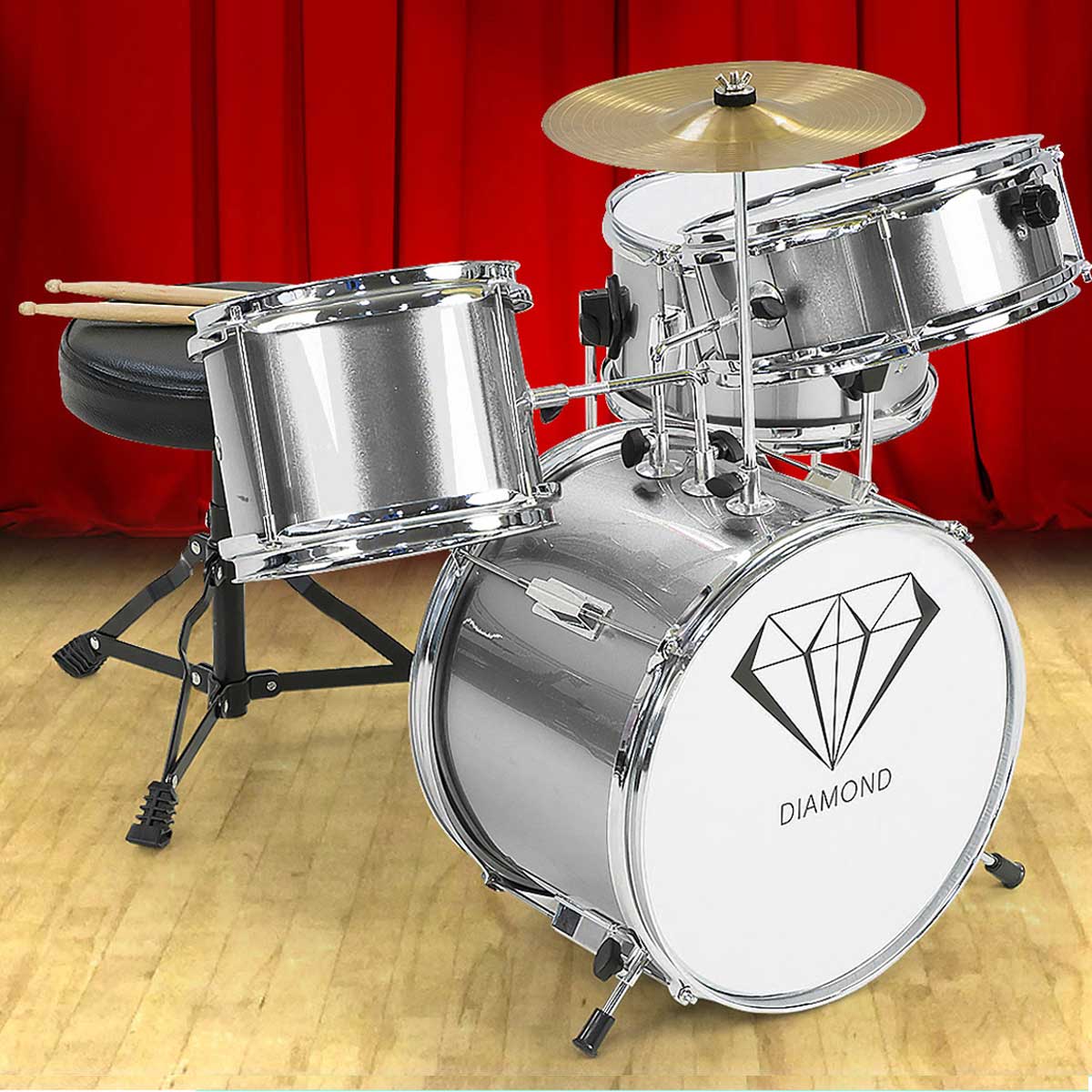 Childrens 4Pc Drum Kit - Silver