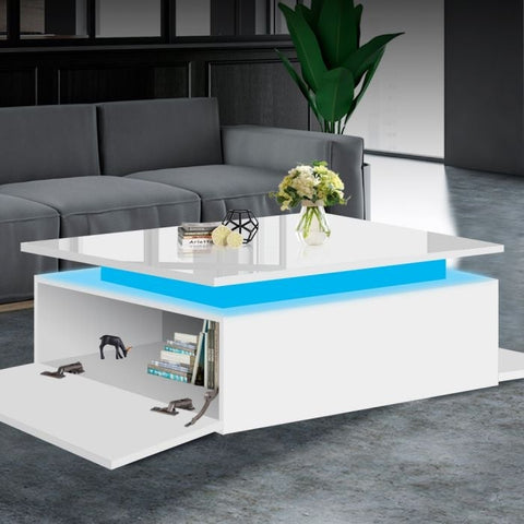 Coffee Table LED Lights High Gloss Storage Drawer Living Room White/Black