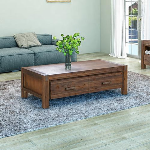 Living Room Coffee Table Solid Acacia Wood & Veneer 2 Drawers Storage Chocolate Colour