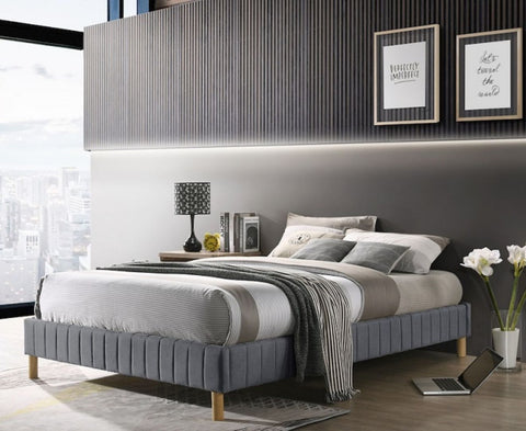 Contemporary Platform Bed Base Fabric Frame with Timber Slat King Single in Light Grey