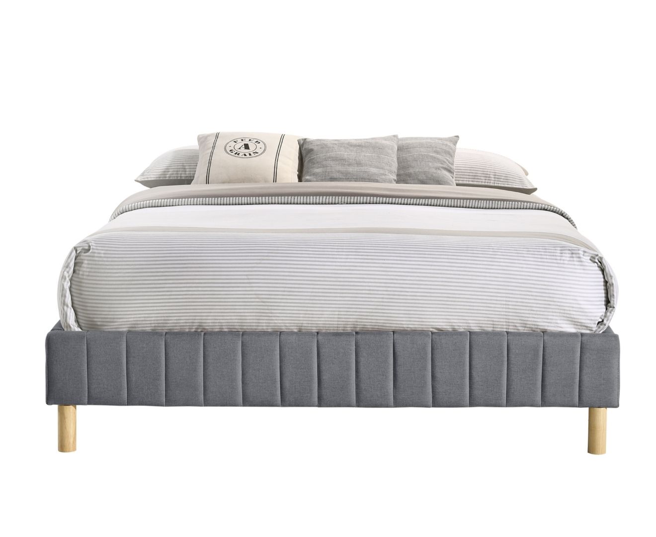 Furniture > Bedroom Contemporary Platform Bed Base Fabric Frame with Timber Slat Queen in Light Grey