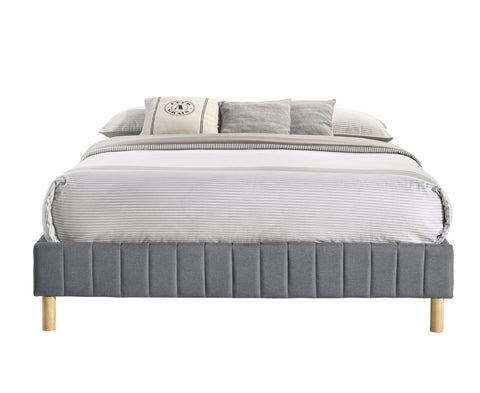Contemporary Platform Bed Base Fabric Frame with Timber Slat Queen in Light Grey