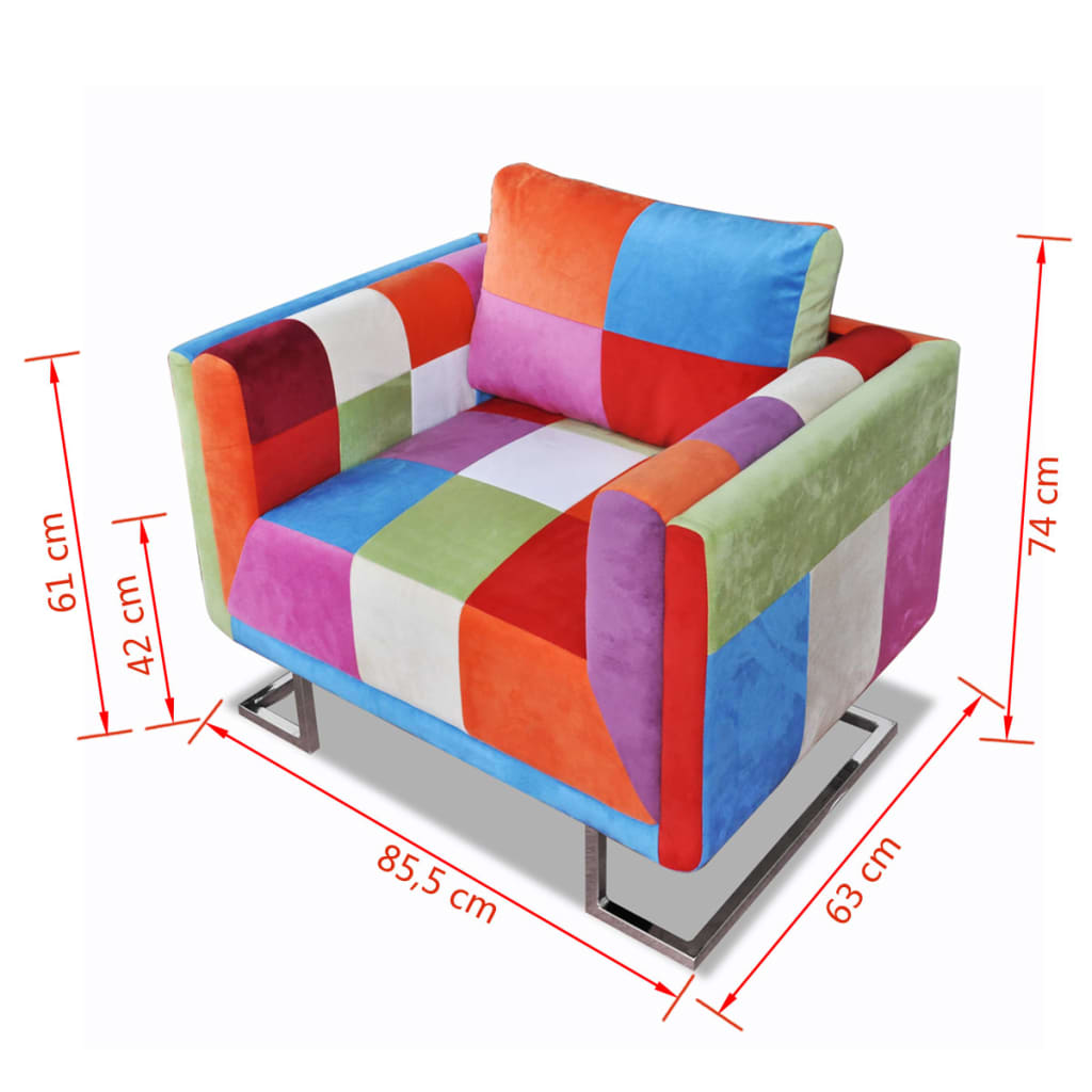Cube Armchair with Chrome Feet Patchwork Design Fabric