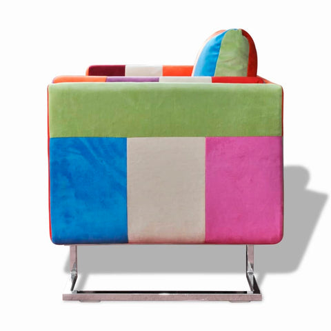 Cube Armchair with Chrome Feet Patchwork Design Fabric
