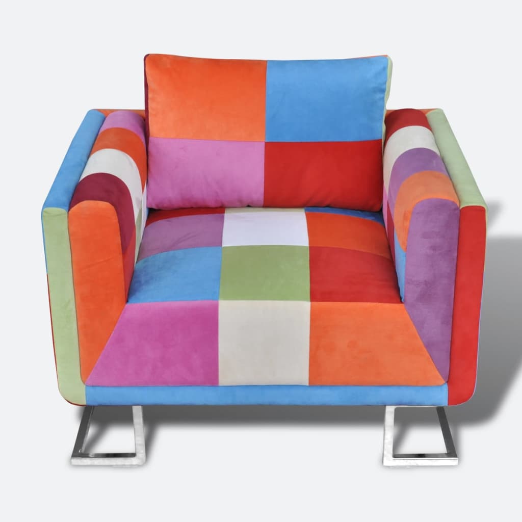 Cube Armchair with Chrome Feet Patchwork Design Fabric