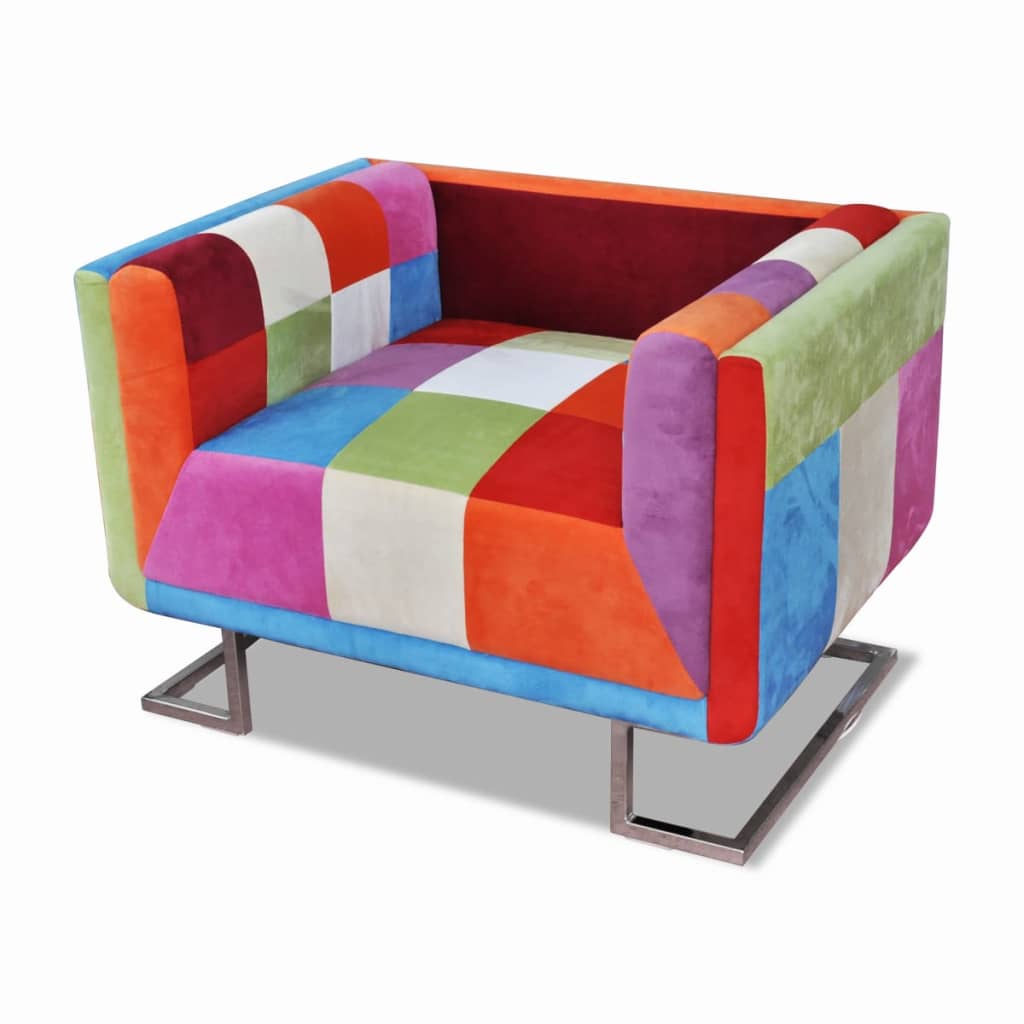 Cube Armchair with Chrome Feet Patchwork Design Fabric