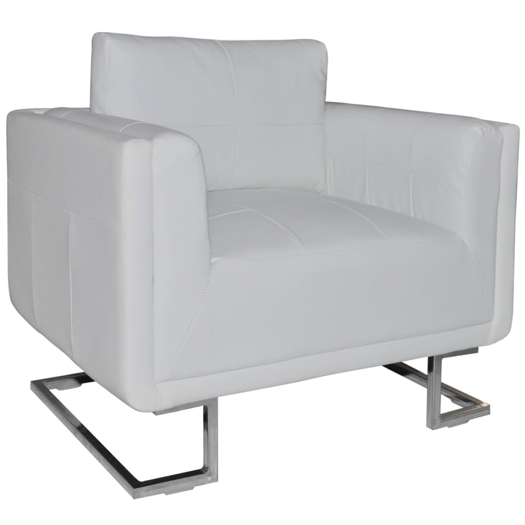 Cube Armchair with Chrome Feet White Leather