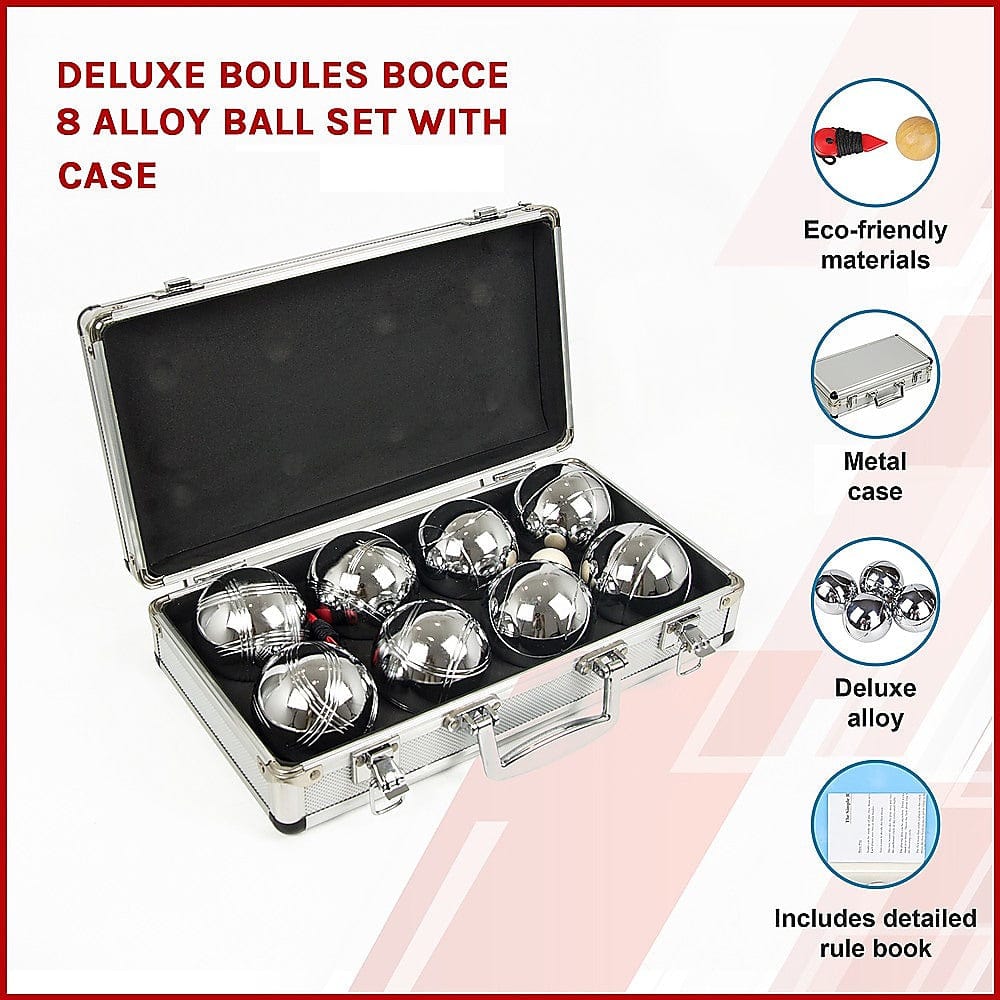 Deluxe Boules Bocce 8 Alloy Ball Set with Wooden Case