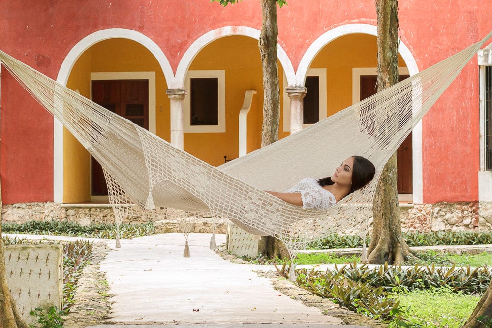 Deluxe Outdoor Cotton Mexican Hammock  in Cream  Colour
