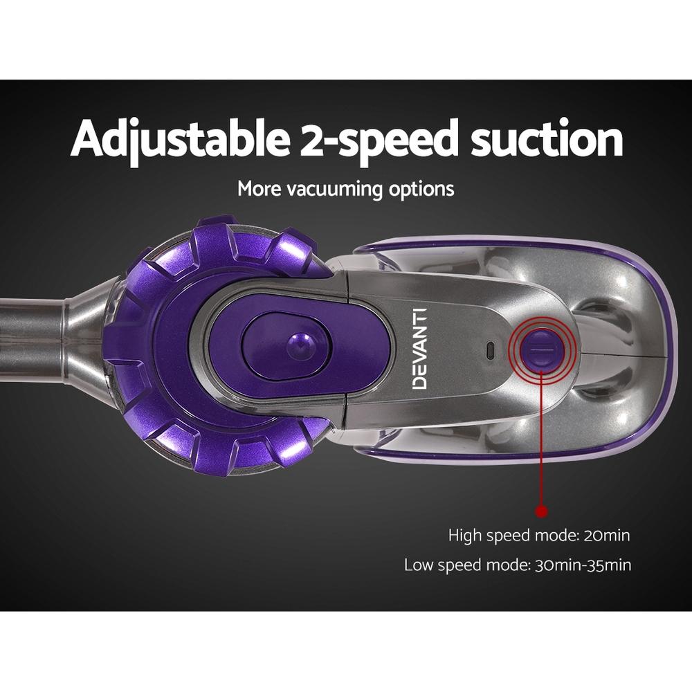 early sale simple deal Devanti 150W Stick Handstick Handheld Cordless Vacuum Cleaner 2-Speed with Headlight Purple