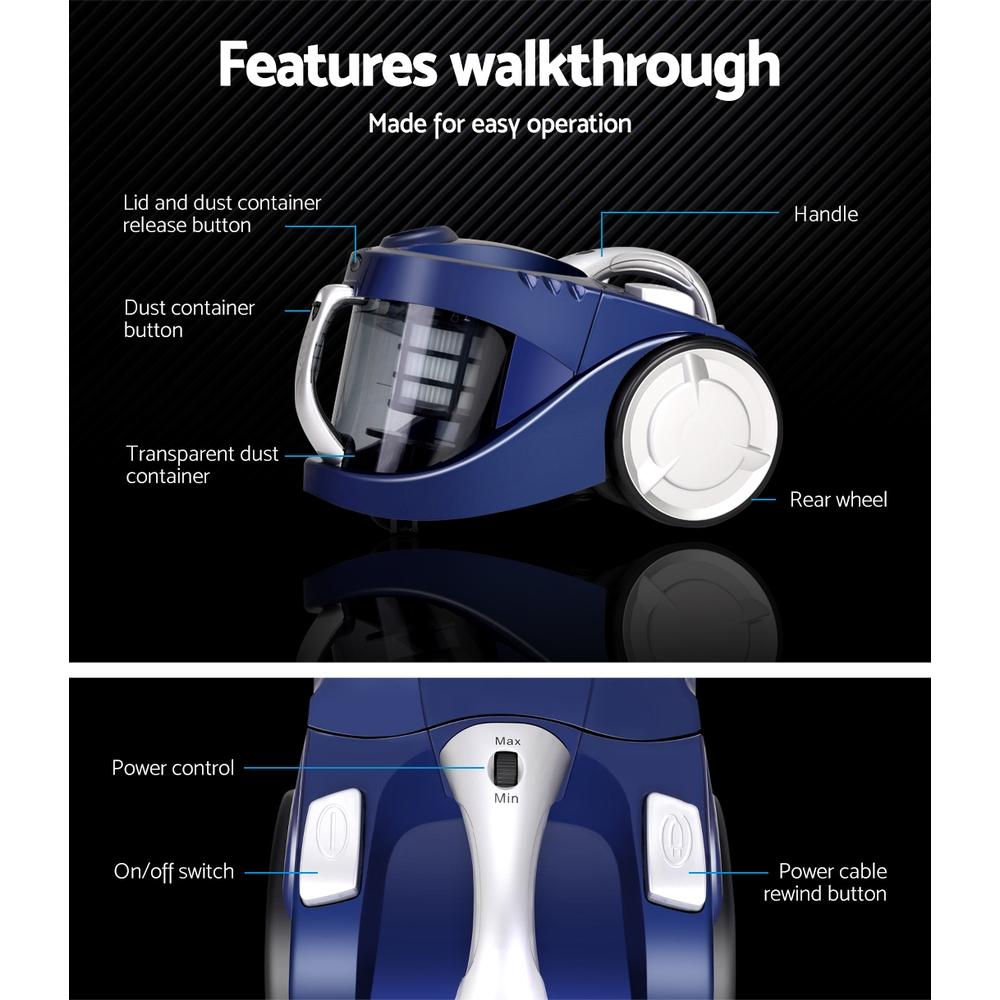Vacuum Cleaners Devanti Vacuum Cleaner Bagless Cyclone Cyclonic Vac Home Office Car 2200W Blue