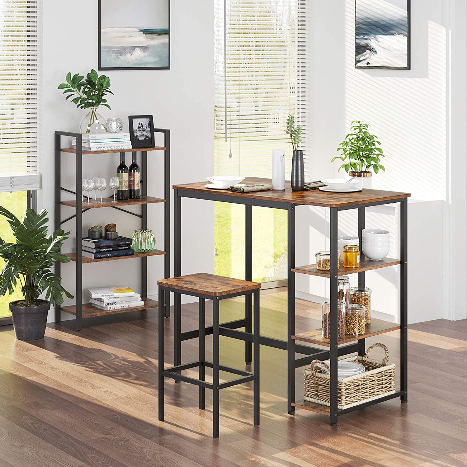 Dining Table With 3 Shelves And Industrial Style Stable Steel Structure, Rustic Brown