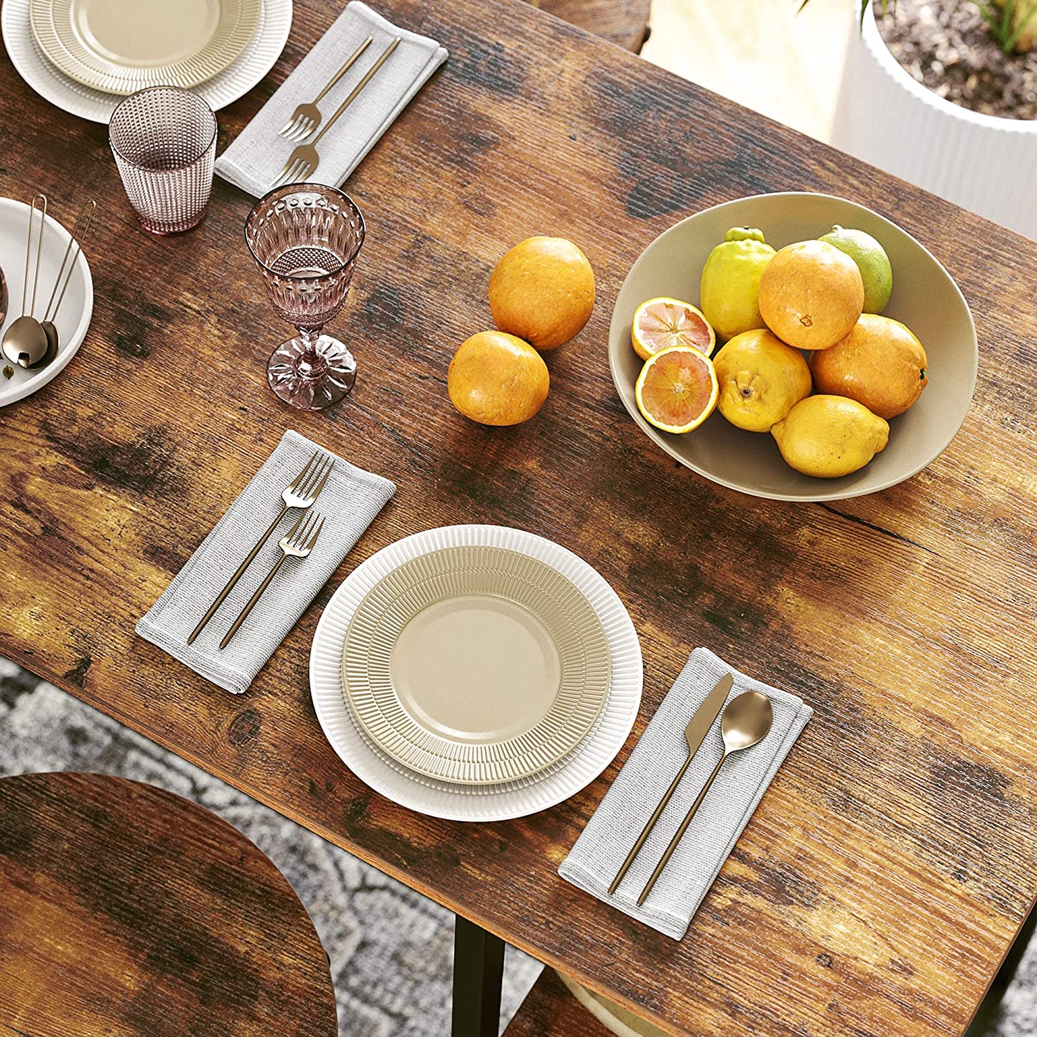 Dining Table With 3 Shelves And Industrial Style Stable Steel Structure, Rustic Brown