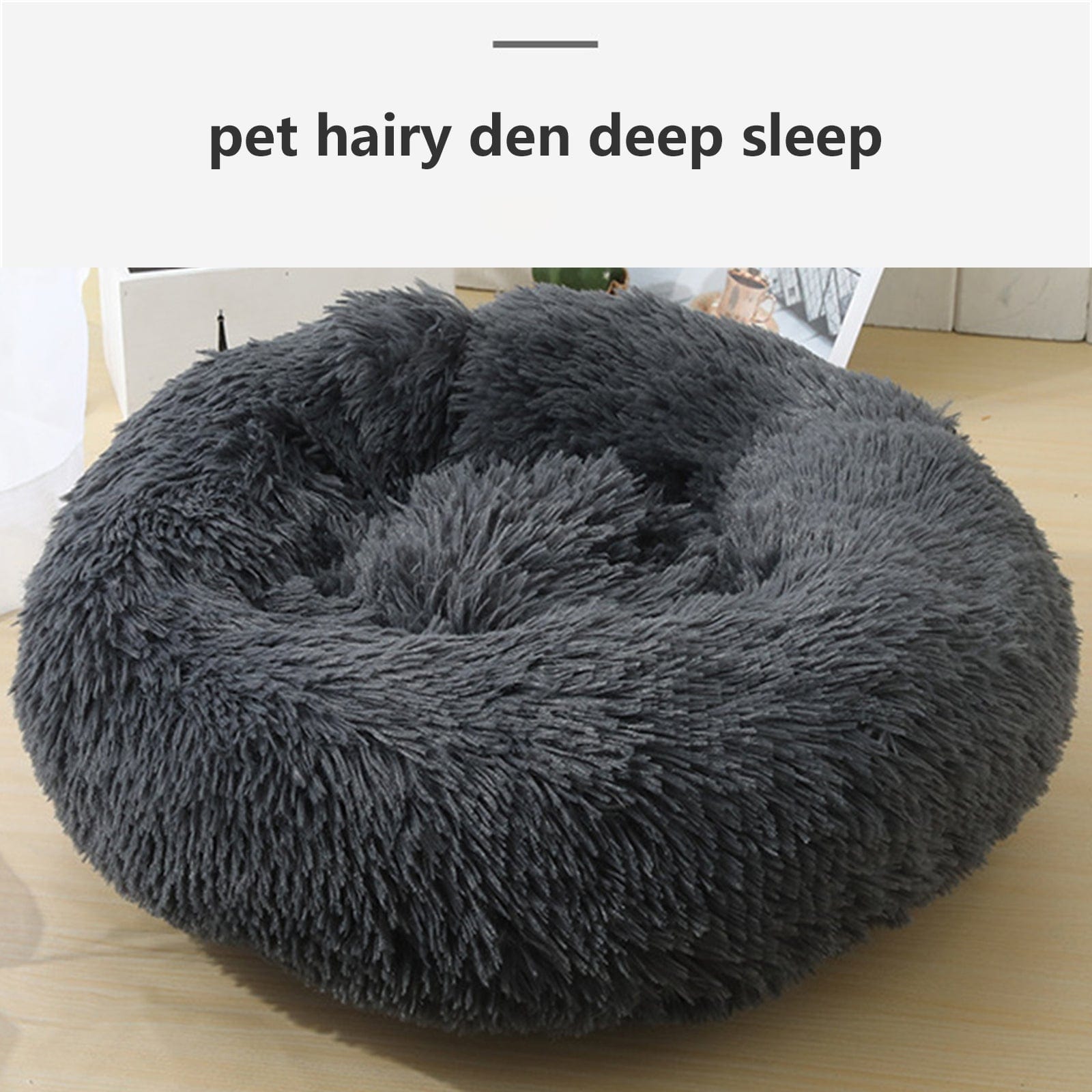 Dog Pet Cat Calming Bed Warm Plush Round Nest Comfy Sleeping Bed Dark Grey 70cm