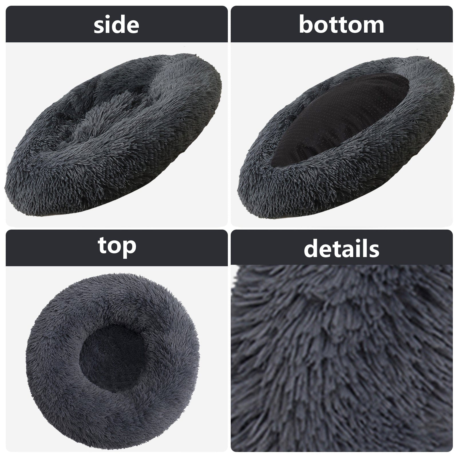 Dog Pet Cat Calming Bed Warm Plush Round Nest Comfy Sleeping Bed Dark Grey 70cm