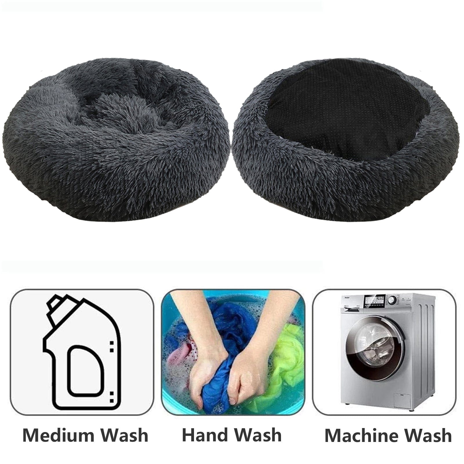 Dog Pet Cat Calming Bed Warm Plush Round Nest Comfy Sleeping Bed Dark Grey 70cm