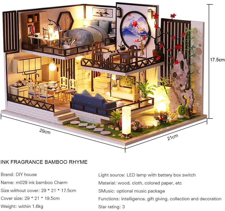 Dollhouse Miniature With Furniture Kit Plus Dust Proof And Music Movement - Bamboo Fragrance