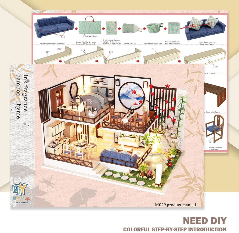 Dollhouse Miniature With Furniture Kit Plus Dust Proof And Music Movement - Bamboo Fragrance