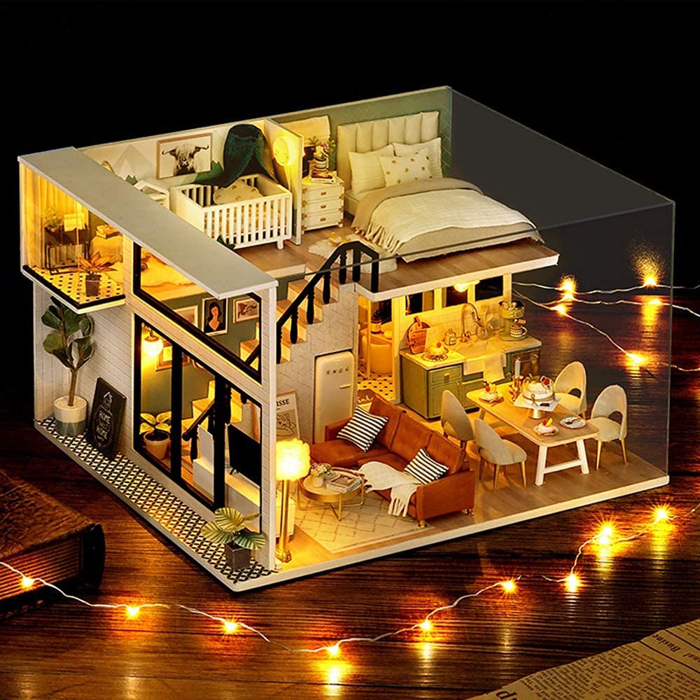 Dollhouse Miniature With Furniture Kit Plus Dust Proof And Music Movement - Comfortable Room