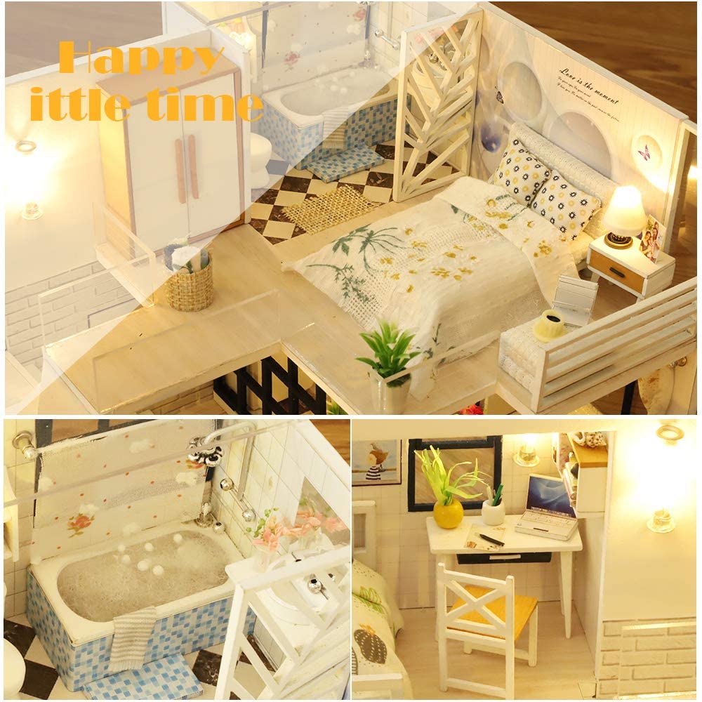 Dollhouse Miniature With Furniture Kit Plus Dust Proof And Music Movement - Happy Time
