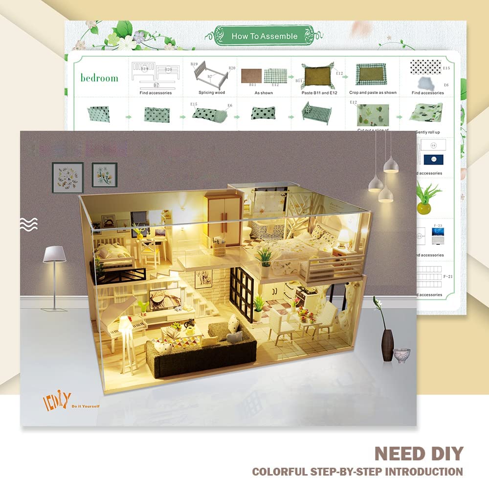 Dollhouse Miniature With Furniture Kit Plus Dust Proof And Music Movement - Happy Time