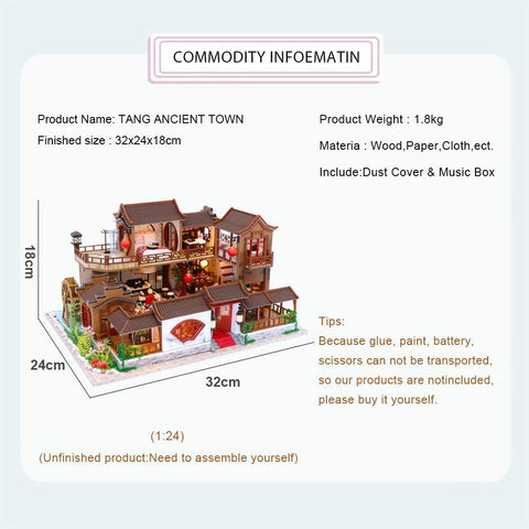 Dollhouse Miniature With Furniture Kit Plus Dust Proof And Music Movement - Tang Dynasty Town