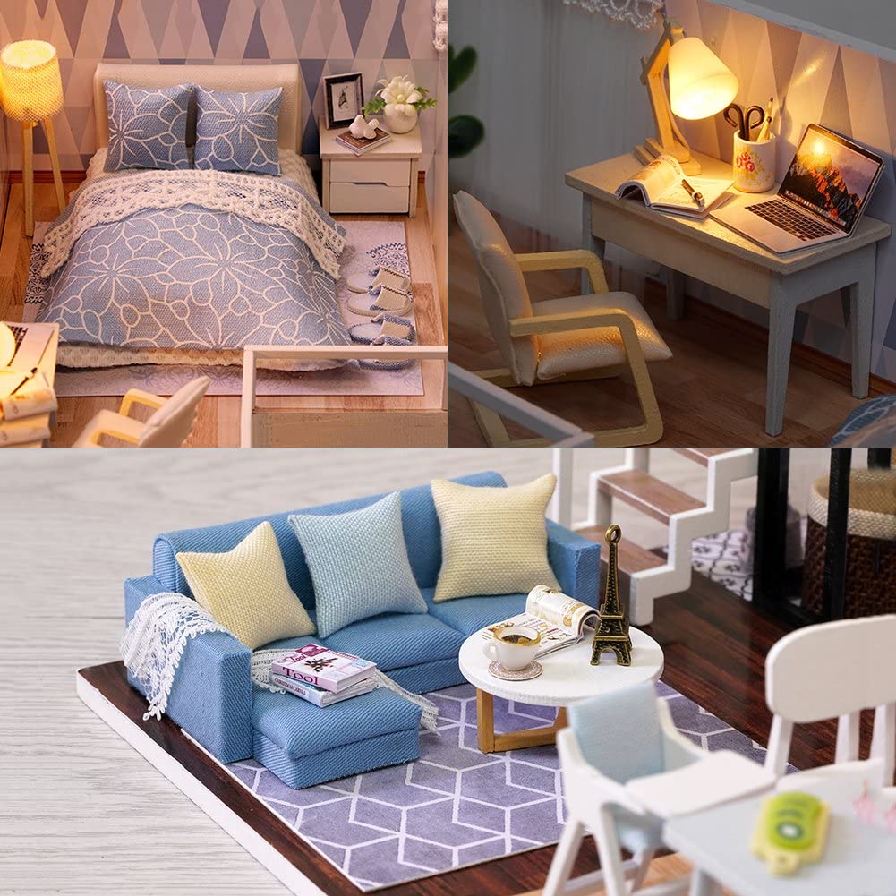 Dollhouse Miniature With LED Furniture Kit Plus Dust Proof And Music Movement