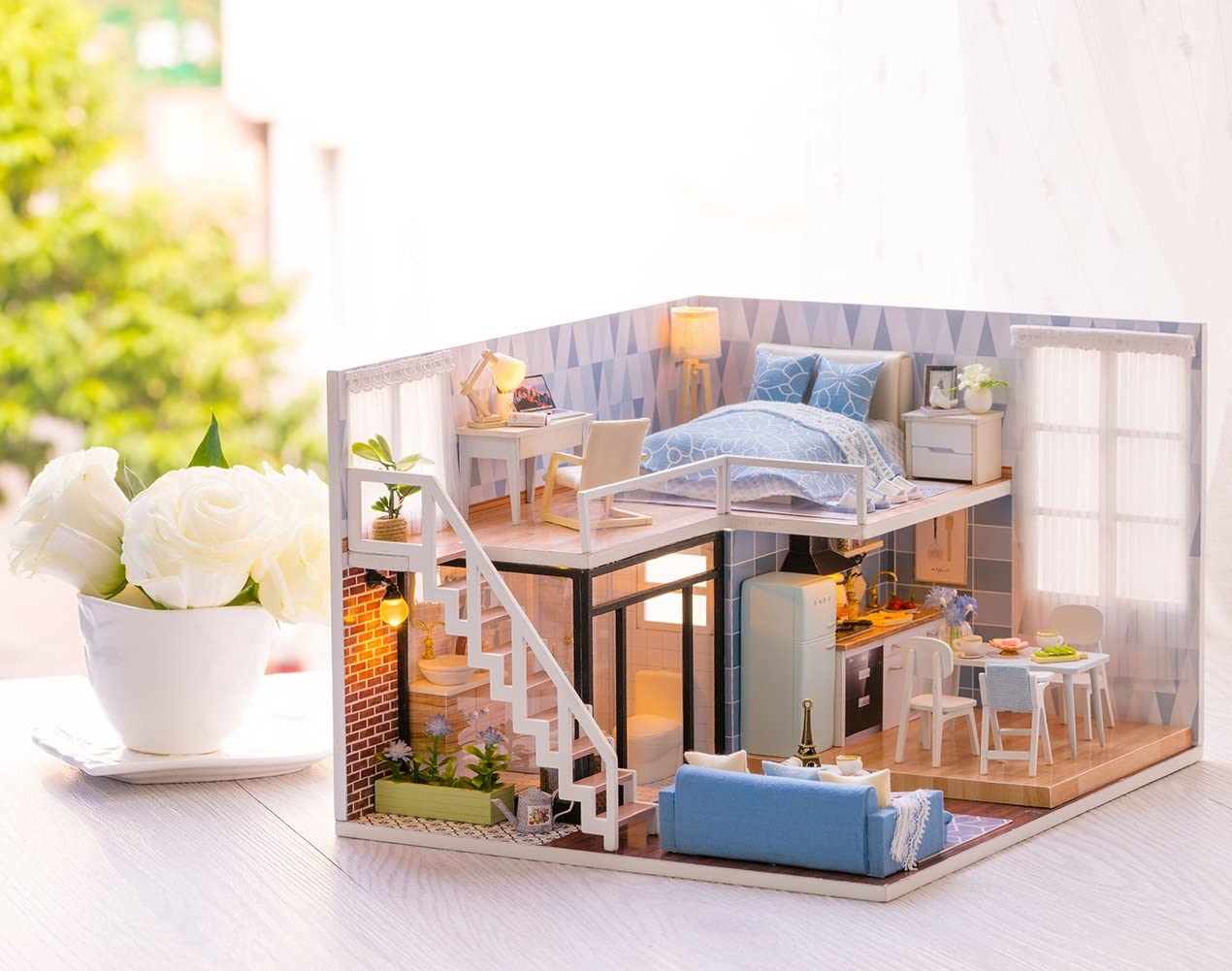 Dollhouse Miniature With LED Furniture Kit Plus Dust Proof And Music Movement