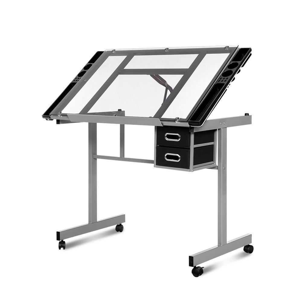 early sale simpledeal Drawing Desk Drafting Table Craft Adjustable Glass Art Tilt Drawers Grey