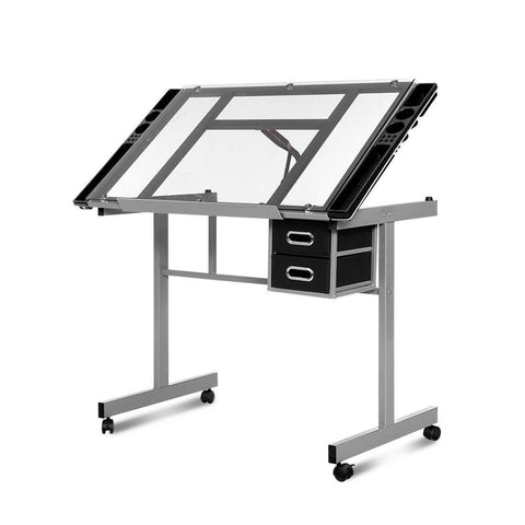 early sale simpledeal Drawing Desk Drafting Table Craft Adjustable Glass Art Tilt Drawers Grey